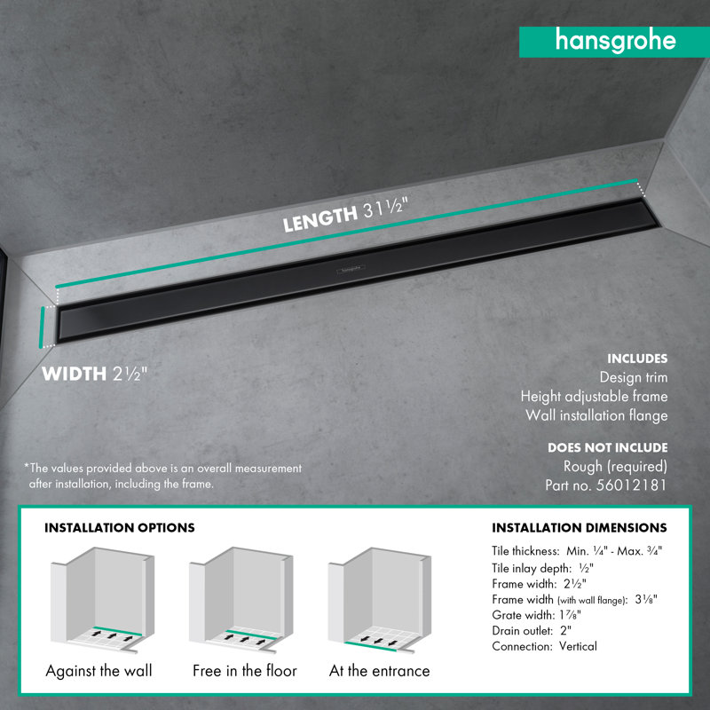 Hansgrohe RainDrain Match Trim Zero/ Tile 31 1/2" with Height Adjustable Frame, Matte Black