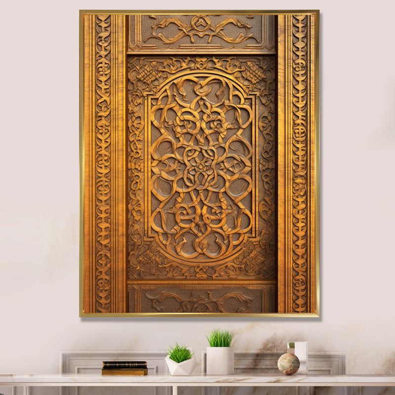 Vieille porte en bois sculpté III, reproduction d'art sur toile, Cadre flottant doré, 20" H x 12" W