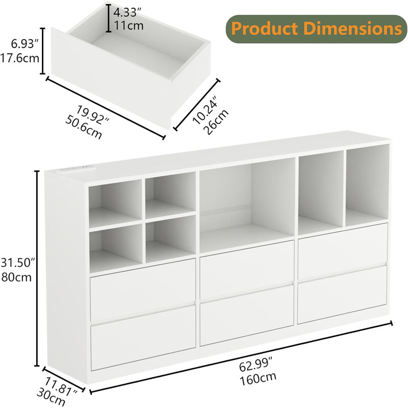 6 Drawers Dresser With 7 Storage Cubbies, LED Chest Of Drawers With Power Outlet, White