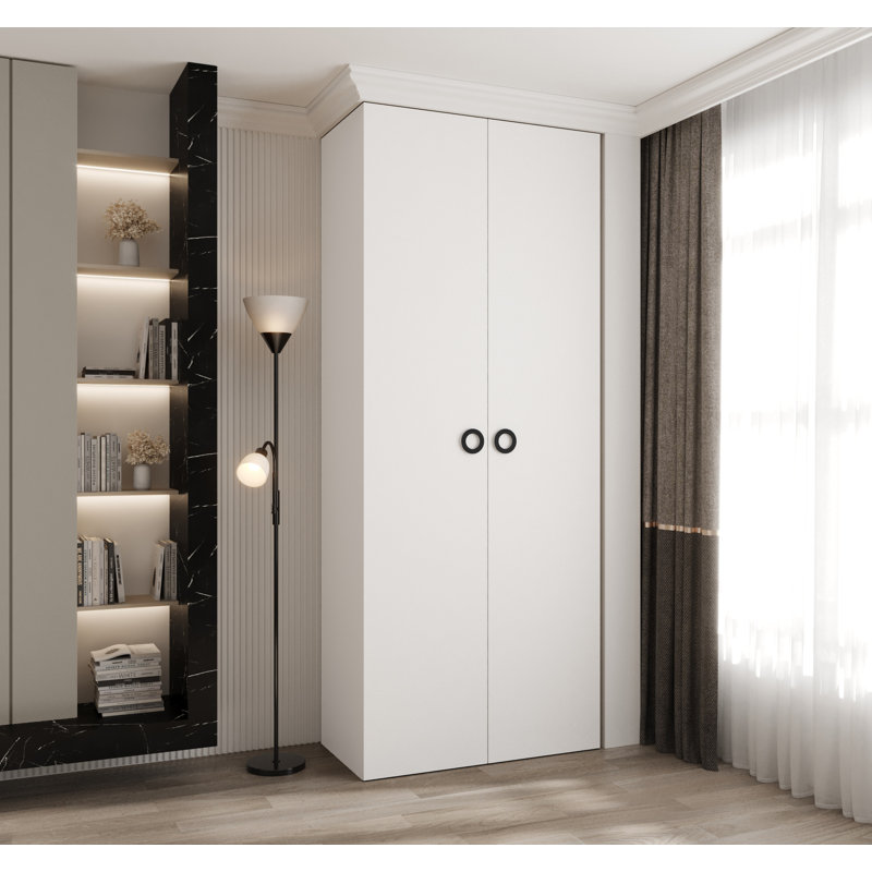 2 Door Manufactured Wood Wardrobe, 245cm H x 100cm W x 40cm D, White Matt/Black Hanlde