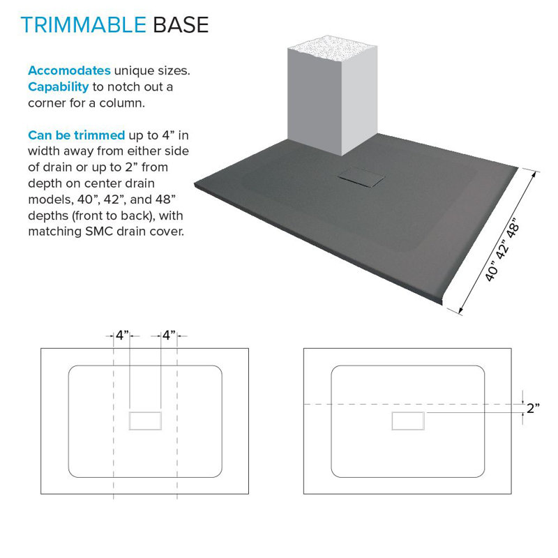 Transolid Trimslate 79-in x 40-in Shower Base with Adjustable Single Threshold and Center Drain, Dark Gray