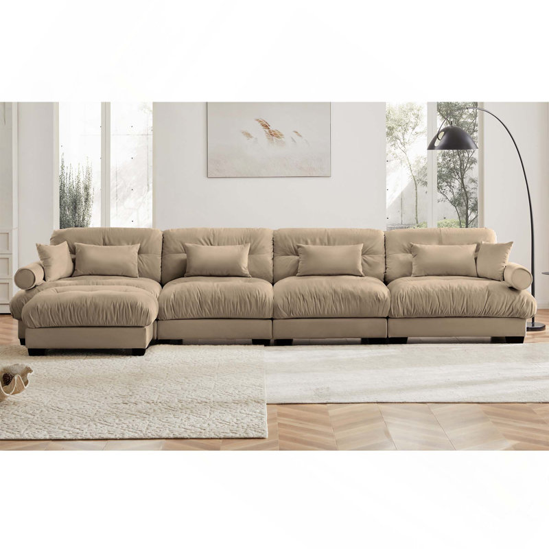 Canapé modulaire en L à 4 places avec repose-pieds et coussins amovibles pour un salon confortable, Chameau