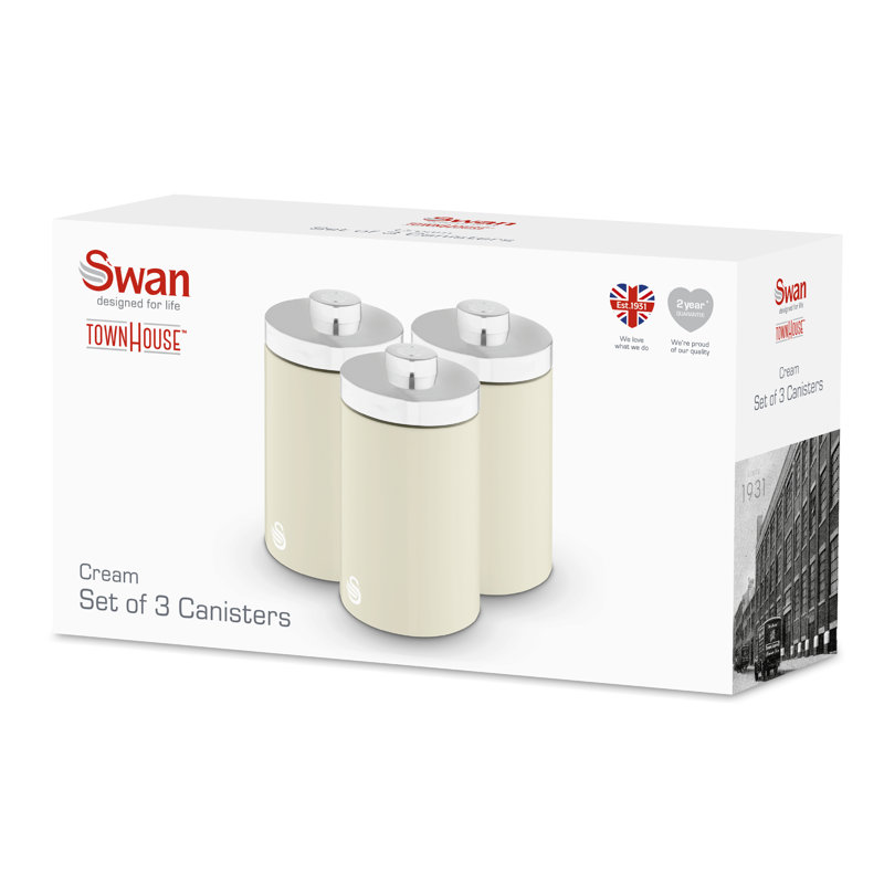 Swan Townhouse Set of 3 Kitchen Storage Canisters for Tea, Coffee, and Sugar with Pull Chrome Handles, Airtight Lids, Colour Coated Iron and Chrome Accents, 1.6L