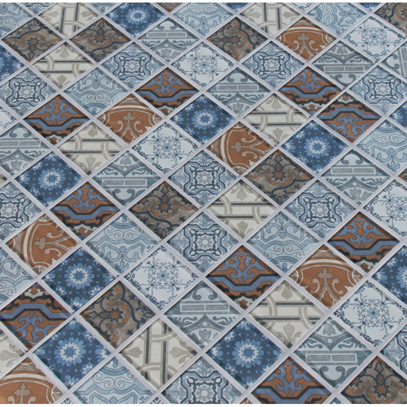 Toscana Patchwork 12 in. x 12 in. Glossy Glass Mosaic Wall Tile