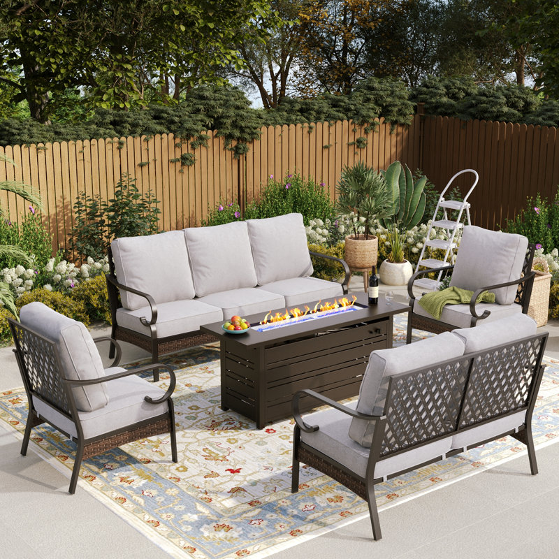 7 - Person Outdoor Furniture Sets With Fire Pit Table, Black/Light Gray/Black