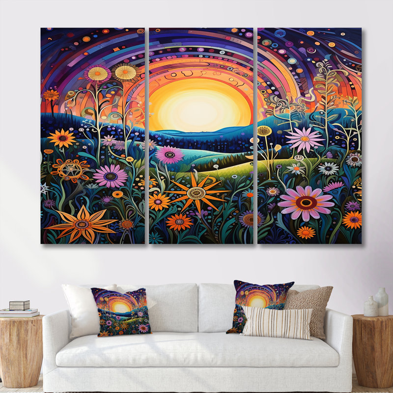 Rainbow Sunset, fleurs printanières colorées - ensemble d'art mural prairie, H 28 po x l 36 po x P 1 po, Toile tendue