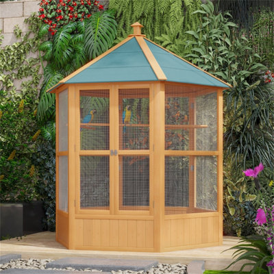 1pc Hexagonal Bird Cage | Multi-use Outdoor Aviary, Natural Brown & Green, 59"lx59"wx69.75", Fir Wood+metal, Weather-resistant/double Doors/staggered Perches, For Small Birds (not For Strong Parrots)
