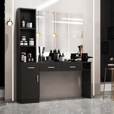 Ensemble de mobilier mural pour salon de coiffure et spa, étagère gauche verrouillable, miroir non inclus (noir)