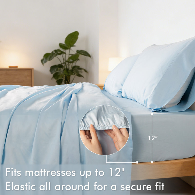 Drap-housse en satin de coton 220 fils, Bleu clair, Lit simple