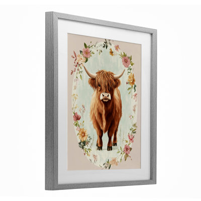 «Peach Flower Border Cow», reproduction encadrée sous verre, design par Petal Prints Design