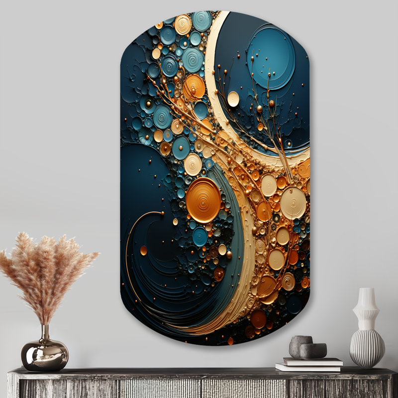 Gold Teal Abstract Spirals II - Abstract Spirals, décoration murale asymétrique en métal, cylindre doré