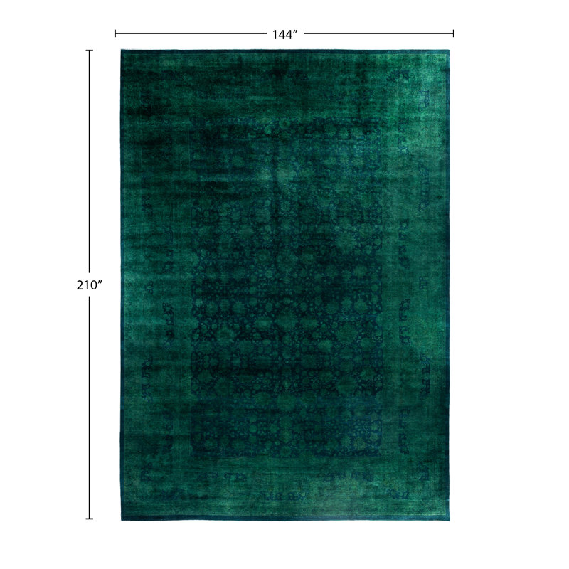 Tapis unique noué à la main Rachal - vert, 12 pi 0 po x 17 pi 6 po