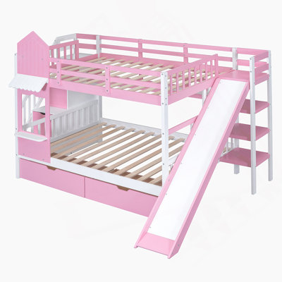 Full-Over-Full Castle Style Bunk Bed With 2 Drawers 3 Shelves And Slide - Pink(OLD SKU:LT000558AAH-2)