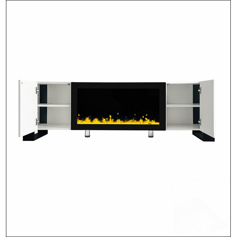 Meuble télé avec foyer électrique non chauffant de 34,2 po, centre de divertissement ultrabrillant avec 2 armoires, Noir