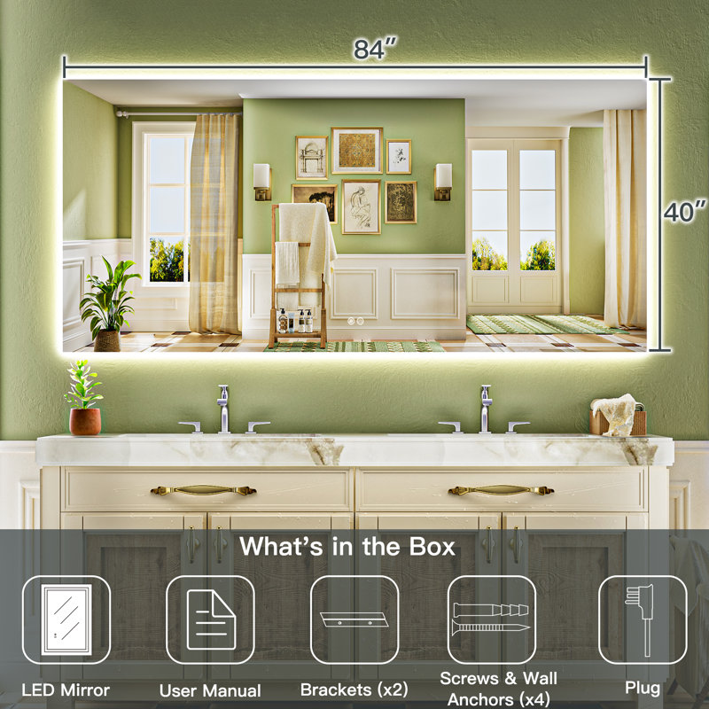 Bathroom LED Mirror with Backlit, Anti Fog Lighted Vanity Mirror with Stepless Dimmable, ETL Listed, IP54 Waterproof, CRI90+, HD Tempered Glass