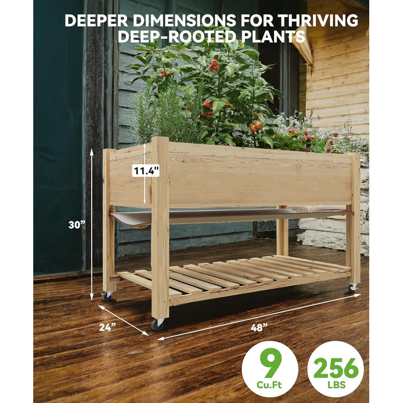 Raised Garden Bed 48x24x32-Inch Mobile Elevated Wood Planter w/Lockable Wheels, Storage Shelf and Protective Liner for Indoor/Outdoor Gardening(Natural Wood)
