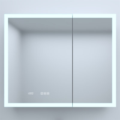 36 In. W X 30 In. H Rectangular Silver Aluminum Recessed/Surface Mount Medicine Cabinet With Mirror LED And Clock