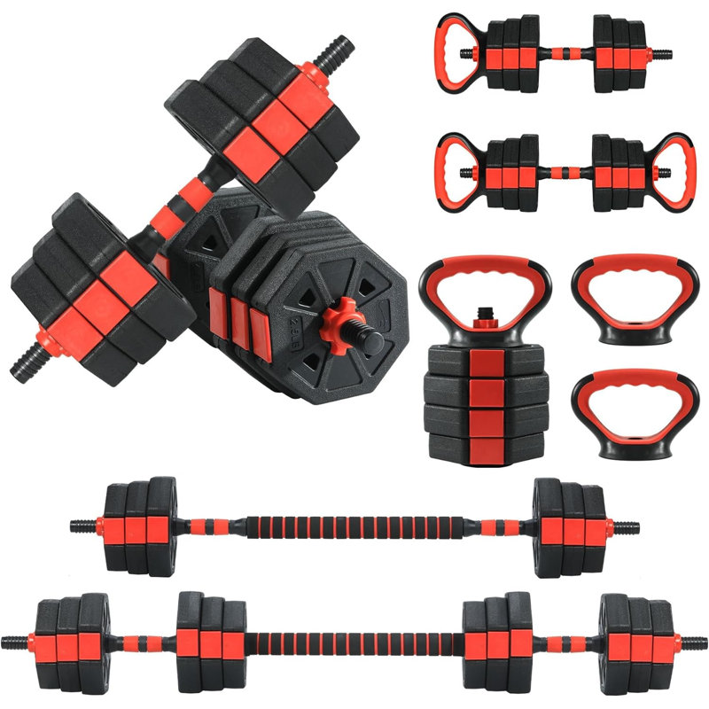20kg Adjustable Dumbbell Set, 4-in-1 Free Weights with Barbell for Home Gym, Red