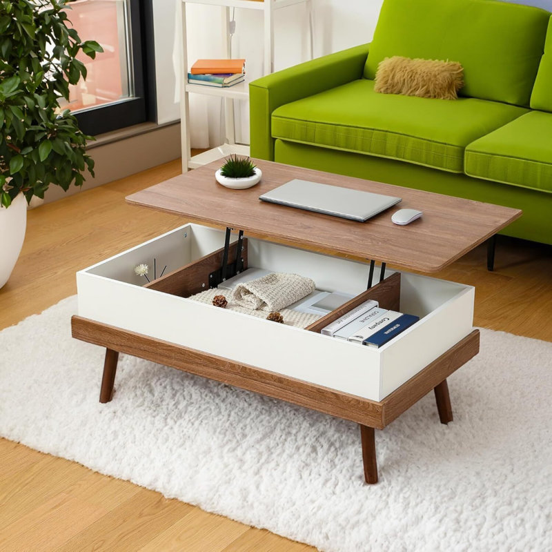Table basse relevable, table basse relevable, bureau relevable, plateau de table escamotable, bureau de salon moderne avec rangement, à manger, dépliable, réglable, surélevé, relevable, blanc, bois brun