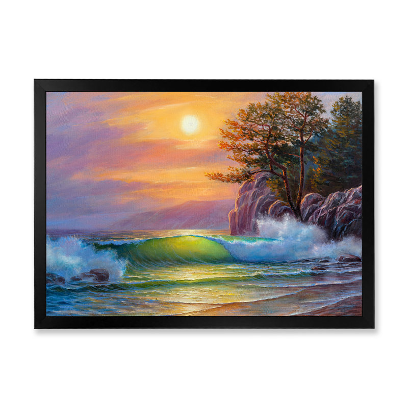 «Morning Sun on Sea Waves» par les pins - Peinture sur toile, H 16 po x l 32 po x p 1 po, Cadre photo noir