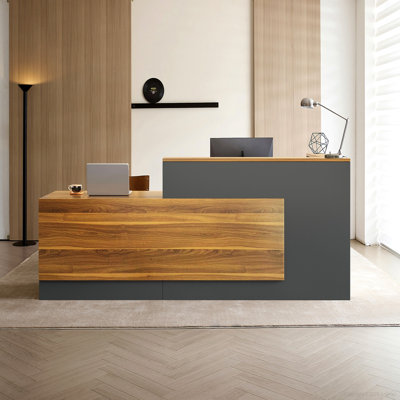 87" L-Shaped Reception Desk with Counter, Modern Front  Counter with Storage Cabinet, Open Shelves, Lockable Drawer and Keyboard Tray for Office, Lobby, Checkout