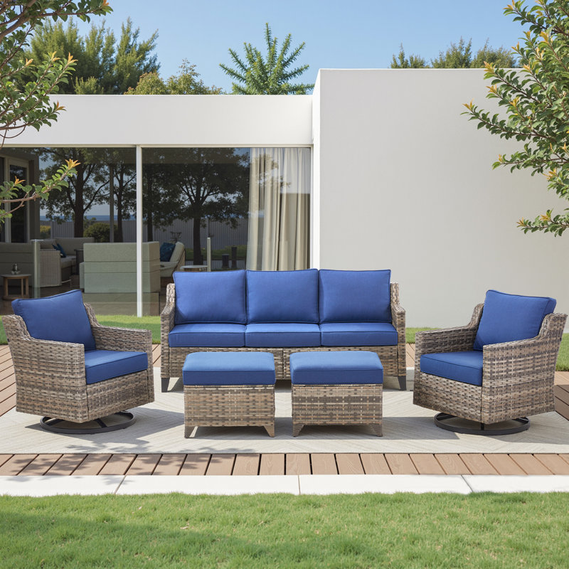 Maelie 5-Person Outdoor Patio Conversation Set With Swivel Gliders & Ottomans, Blue