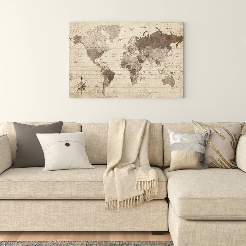 Carte du monde délavée - impression sur toile, H 20 po x l 30 po, Toile tendue, Sans cadre