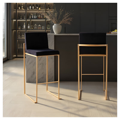 Tabouret de bar contemporain à haut dossier en acier doré et velours noir - ensemble de 2