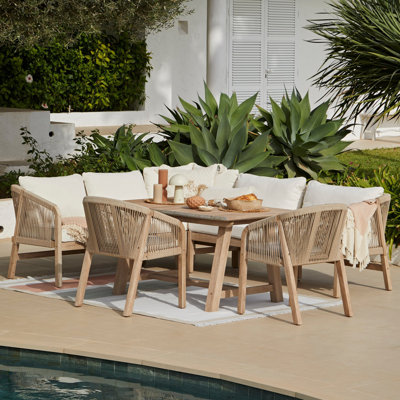 7 - Person Acacia Solid Wood Patio Dining Set Rectangular Table with Cushions Included