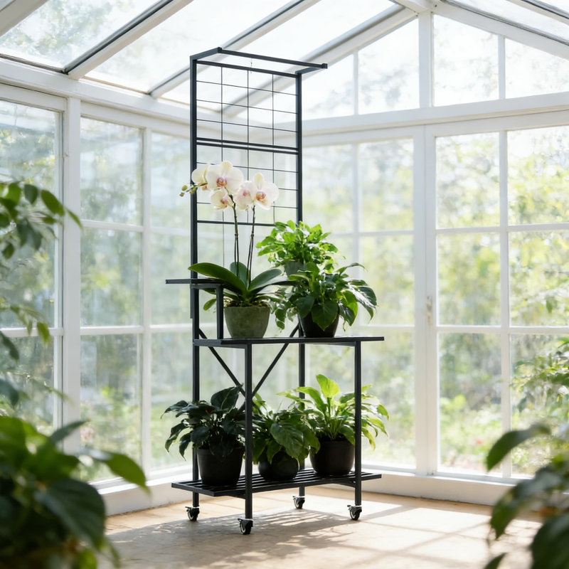Support pour plante robuste à 3 niveaux avec roulettes et tablette suspendue, support de rangement en métal multicouche pour une utilisation intérieure et extérieure, présentoir autoportant avec une capacité de poids élevée