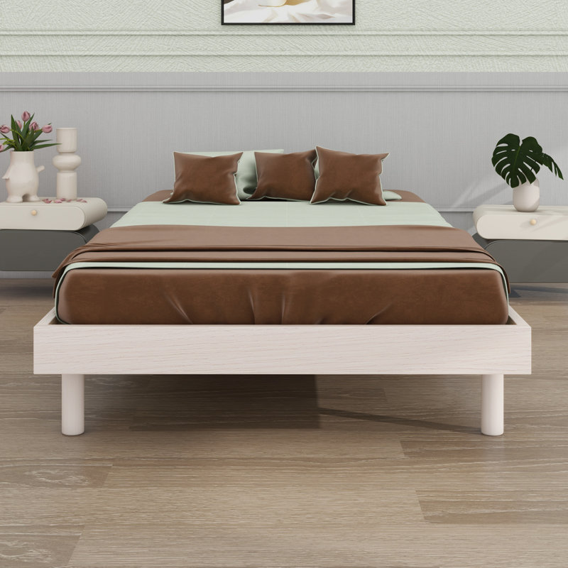Modern Design Floating Platform Bed Frame, White Washed