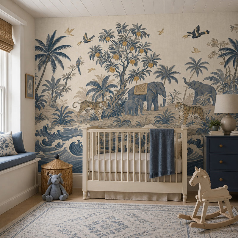 Papier peint mural paysage tropical avec éléphants de la jungle, 200"x120", Peel and Stick