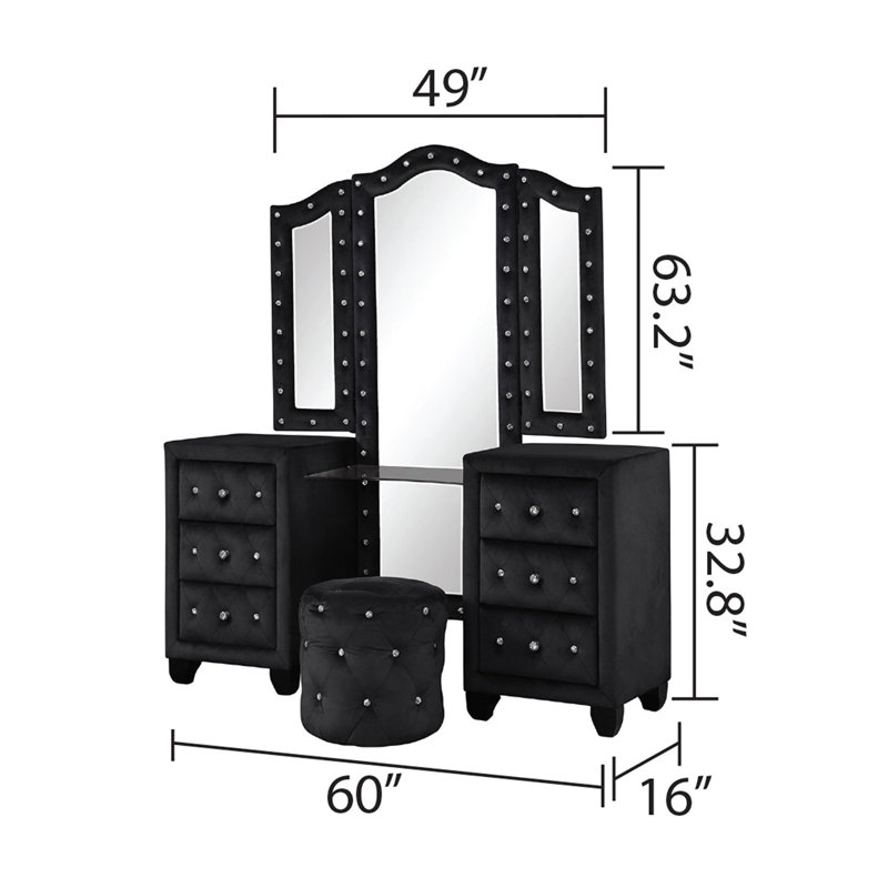 Ensemble de meuble-lavabo capitonné en cristal de style moderne avec 6 tiroirs et tabouret, fini en velours de bois, Noir