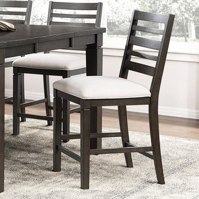 Of 2 Dark Finished Classic Counter Height Dining Chairs, Textured Beige Seat, 250Lbs Support