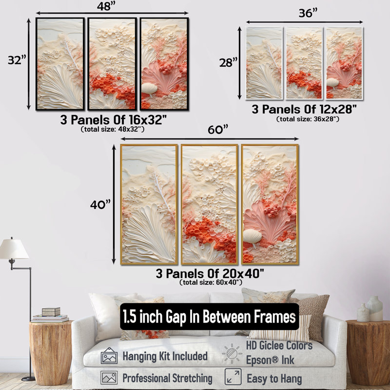 Puga - Ensemble d'art mural en toile corail sous l'eau, H 40 po x l 60 po x P 1 po, Cadre flottant brun