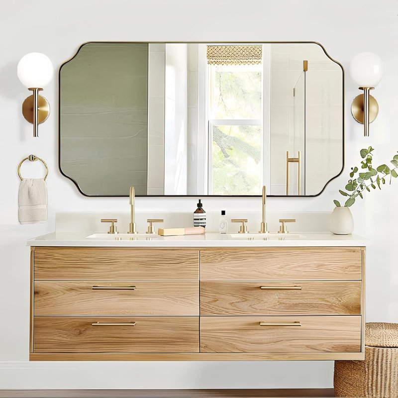Miroir de salle de bain Modern Cadre en acier inoxydable, Or brossé, 60 po x 36 po