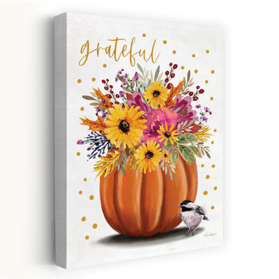Grateful Floral Pumpkin - Contemporary Pumpkin Vase Sunflower Bouquet Autumn Floral Arrangement Art