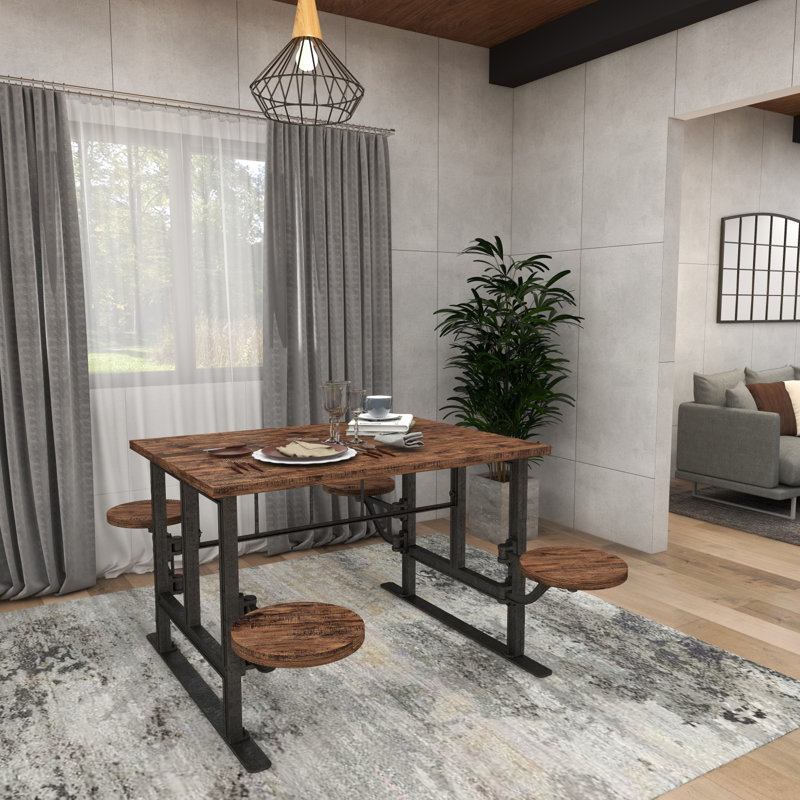 Teak Wood Dining Table with Attached Seats, 31" H x 51" W x 35"L, Brown, Gray