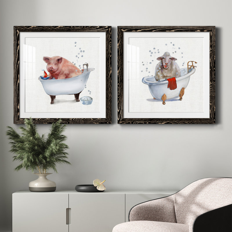 Farm Tub Pig - ensemble de 2 peintures, H 71 po x l 71 po x P 1,5 po, Papier encadré noir