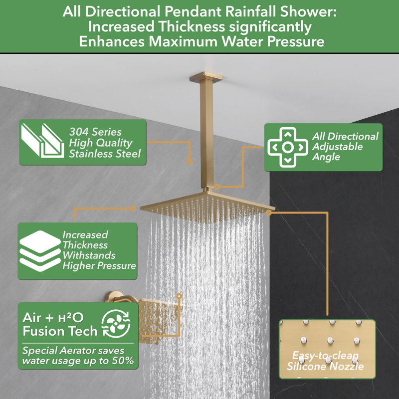 Brushed Gold Wall Mounted Shower System with Push Button Diverter
