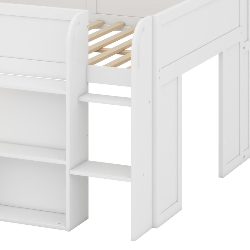Lit mezzanine fonctionnel avec poste de travail, nombreuses tablettes et lumières DEL intégrées, Blanc