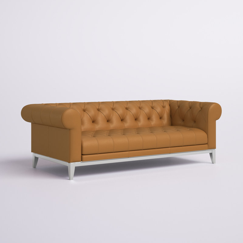 Idyll Tufted Button Upholstered Leather Chesterfield Sofa, Tan Genuine Leather