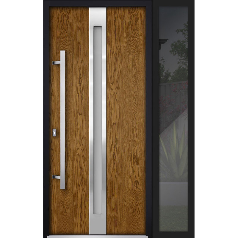 Porte d'entrée extérieure prémontée en acier Deux 1744 Chêne naturel, fenêtre latérale extérieure noire, inserts en acier inoxydable, style moderne, peinte - L 36 + 12 x H 80 - Ouverture à droite vers l'intérieur