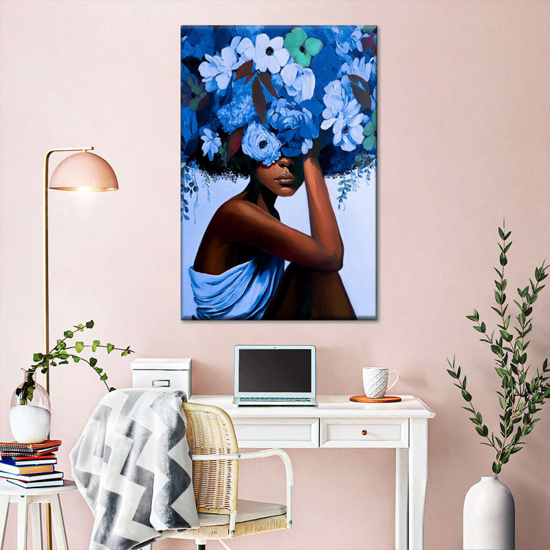 Fille aux cheveux bleus sur toile, H 48 po x l 32 po x P 1,25 po