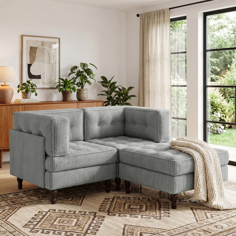 3 - Piece Upholstered Light Gray Tufted Corduroy Modular Sectional with Pillow and Removable Flip-Tray Top Storage Ottoman