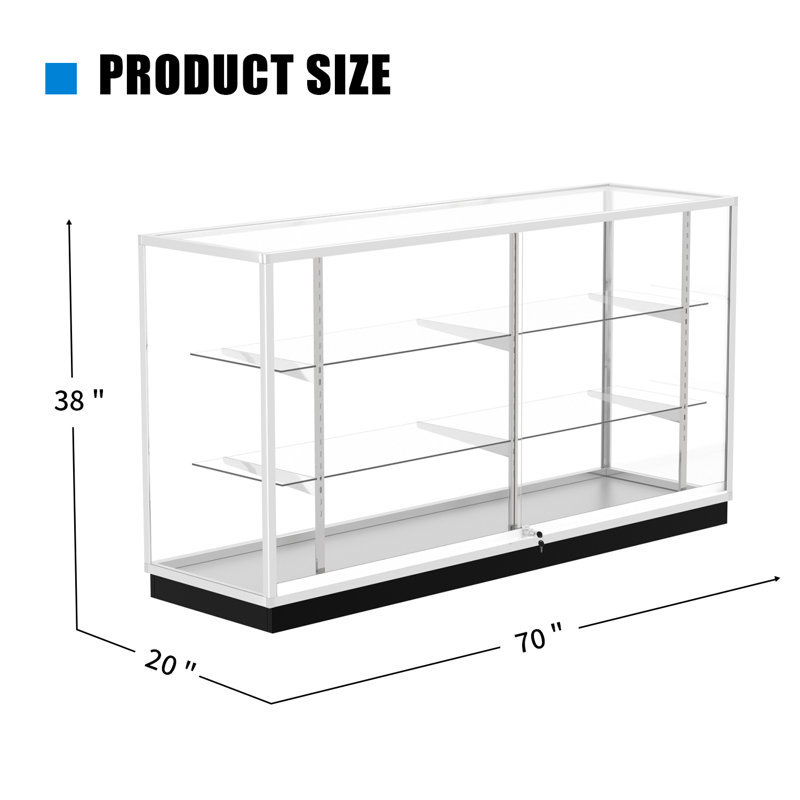 70”d * 20”w * 38”h - Retail Full Vision Showcase - Glass Display Case With Silvery Aluminum Frame And Led Lights
