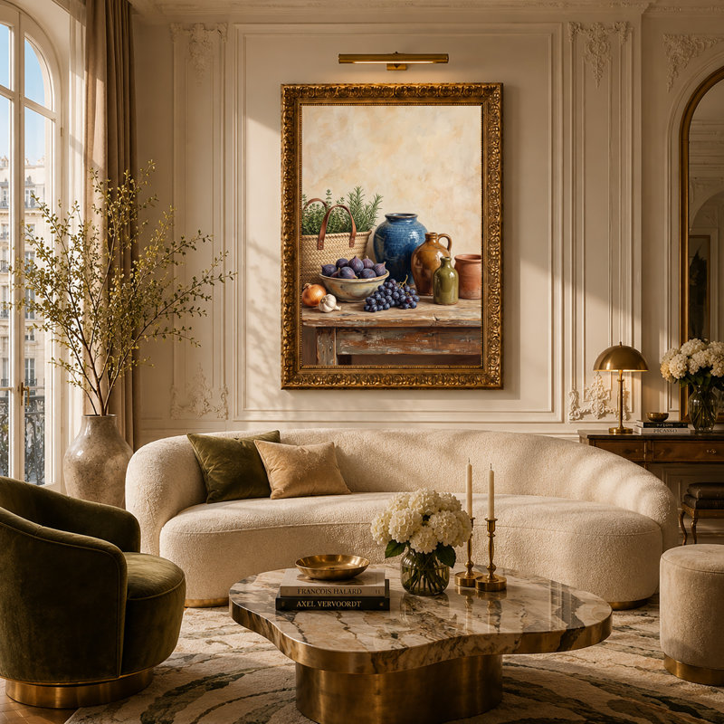 Figues violettes et raisins avec cruches en céramique sur toile de bois rustique, H 30 po x l 20 po