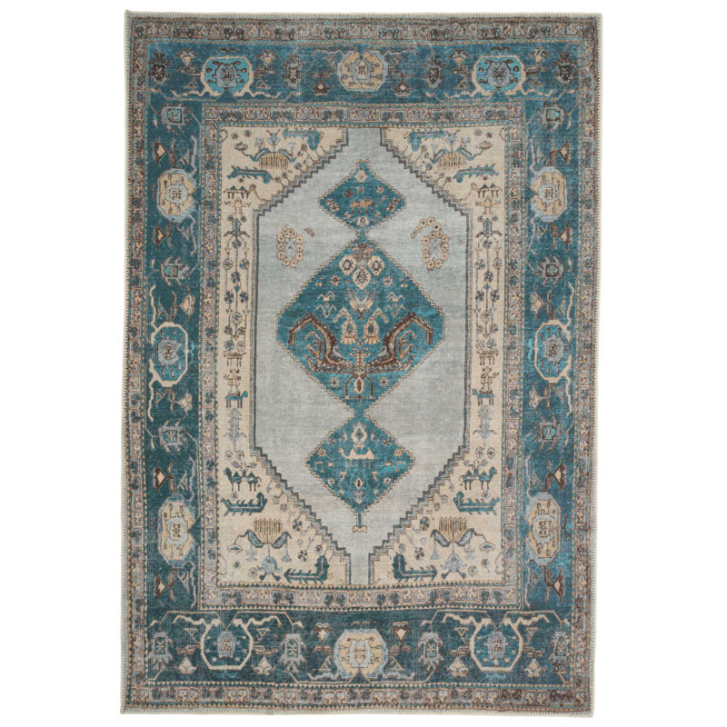 Machine Washable Dark Blue Traditional Persian Style Distressed Living Room Area Rug, Rectangle 120 x 170 cm