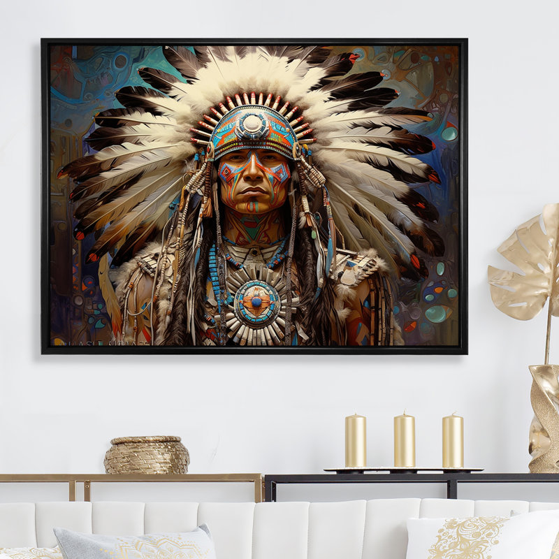 Native Honor Traditional Warrior I - Art amérindien, art mural, Cadre flottant noir, H 12 po x l 20 po x P 1 po