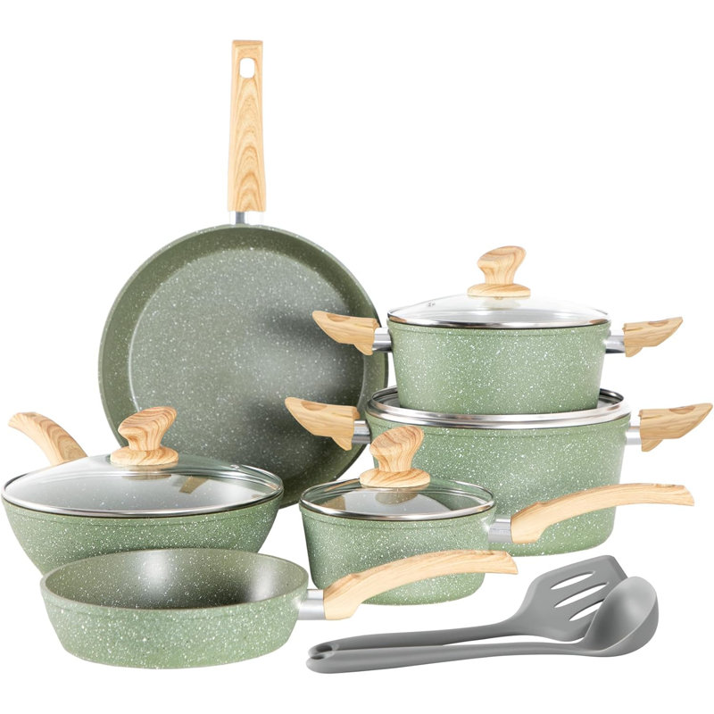 Ensemble de 12 casseroles de cuisson vertes, casseroles et poêles antiadhésives en granite
